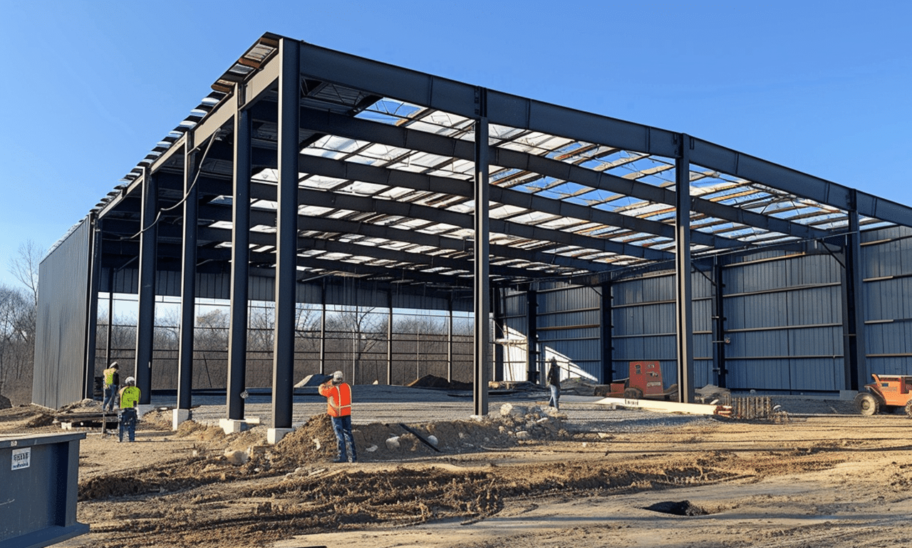 Steel warehouse construction scene featuring workers installing beams for structural support and stability.